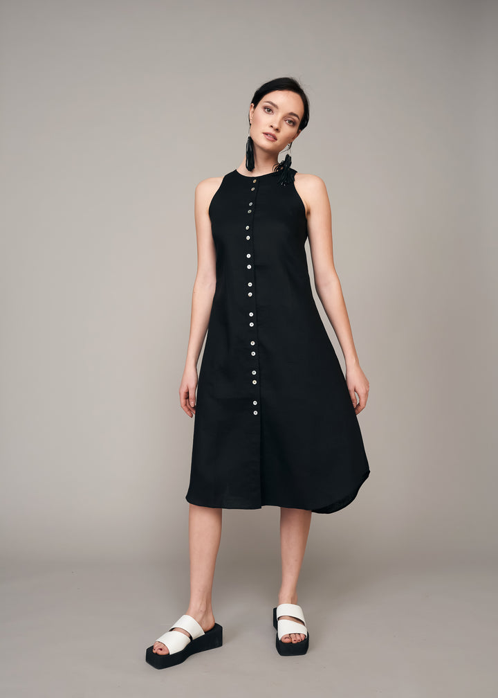 Black Linen Tank Dress with Front Buttons