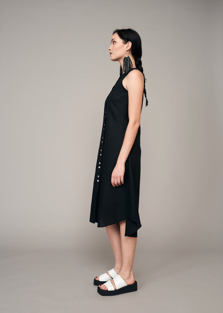 Black Linen Tank Dress with Front Buttons